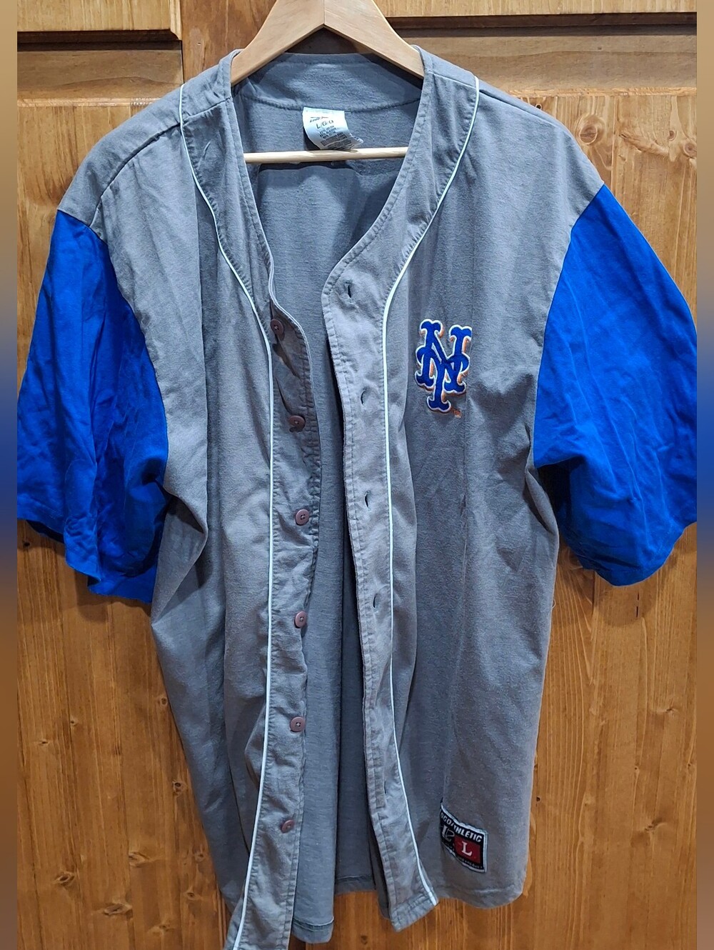 Logo Athletic Mets Grey Button-Up Jersey with Royal Blue Sleeves Vintage